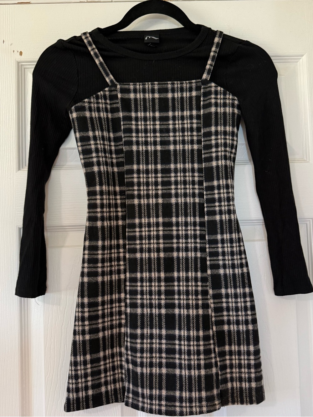 Art Class Black & Cream Girl’s Plaid Pinafore Dress with Black Long-Sleeve